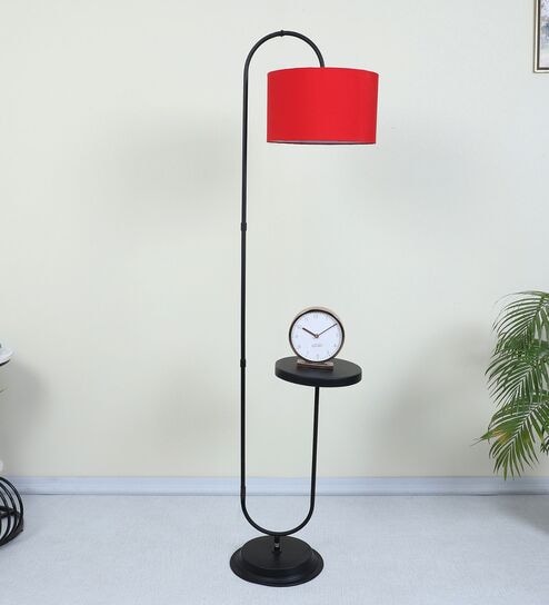 Black Metal-Iron Base Foldable Downlighter Floor Lamps Red Cotton Shade  With Height - 60"