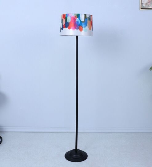 Black Metal-Iron Base Foldable Floor Lamps Abstract Print Satin Shade