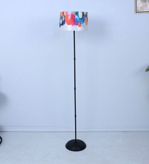 Black Metal-Iron Base Foldable Floor Lamps Abstract Print Satin Shade