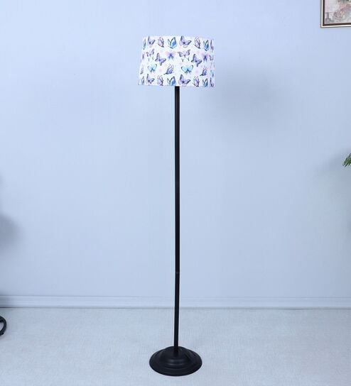 Black Metal-Iron Base Foldable Floor Lamps Butterfly Print Satin Shade