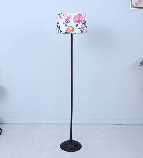 Black Metal-Iron Base Foldable Floor Lamps Carnation Print Satin Shade