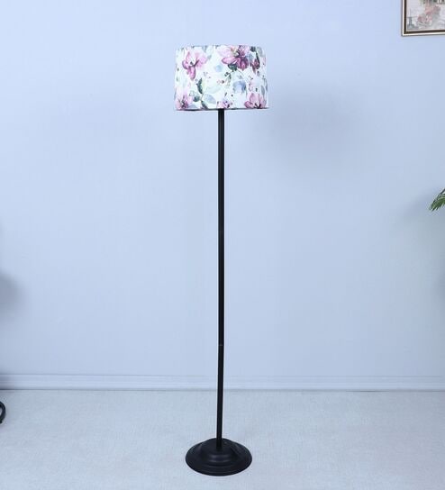 Black Metal-Iron Base Foldable Floor Lamps Cobra Saffron Print Satin Shade