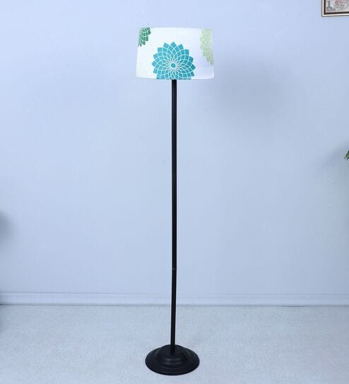 Black Metal-Iron Base Foldable Floor Lamps Dahlia Floral Print Satin Shade