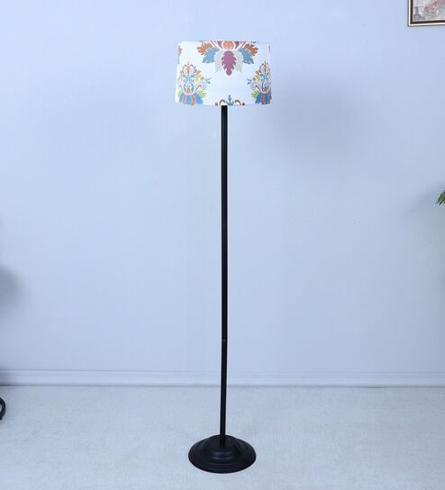 Black Metal-Iron Base Foldable Floor Lamps English Oak Print Satin Shade
