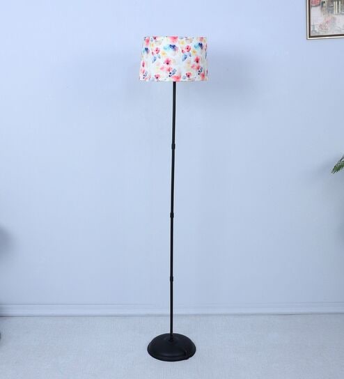 Black Metal-Iron Base Foldable Floor Lamps Floral Print Satin Shade