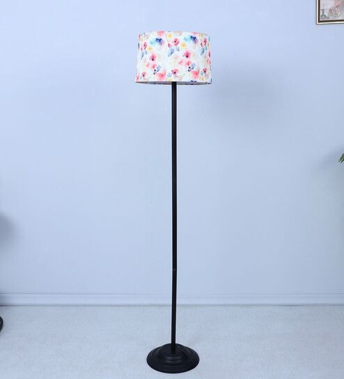 Black Metal-Iron Base Foldable Floor Lamps Flower Print Satin Shade