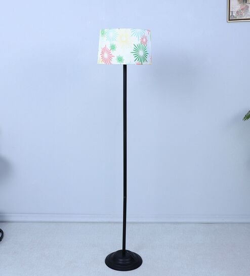 Black Metal-Iron Base Foldable Floor Lamps Flowral Print Satin Shade