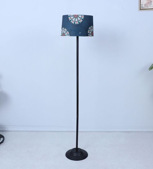 Black Metal-Iron Base Foldable Floor Lamps French Floral Print Satin Shade