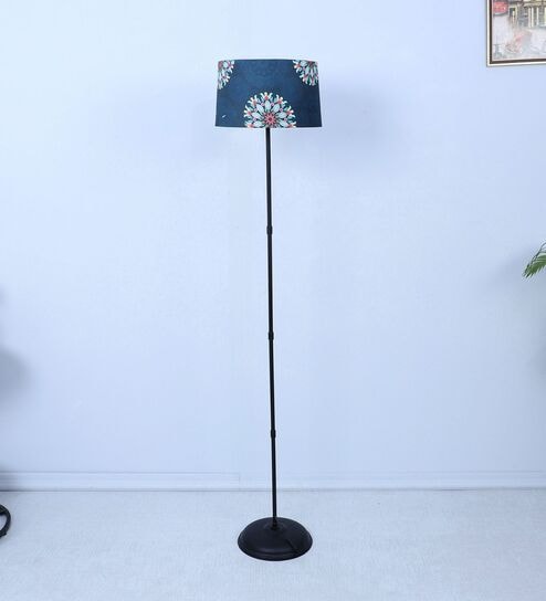 Black Metal-Iron Base Foldable Floor Lamps Narcissue Floral Print Satin Shade