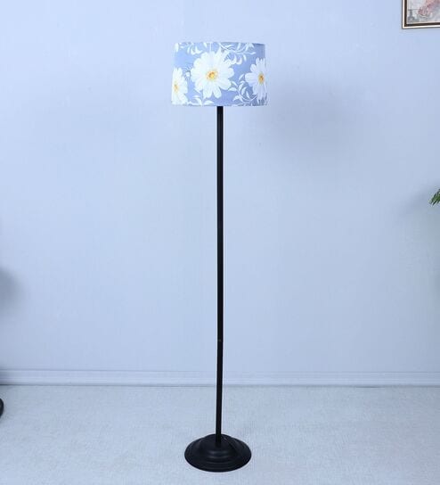 Black Metal-Iron Base Foldable Floor Lamps Narcissue Floral Print Satin Shade
