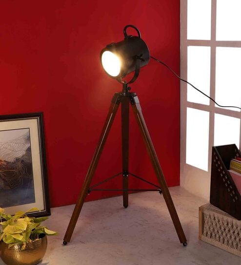 Royal Black Metal Shade Tripod Floor Lamp With Sheesham Wood Base