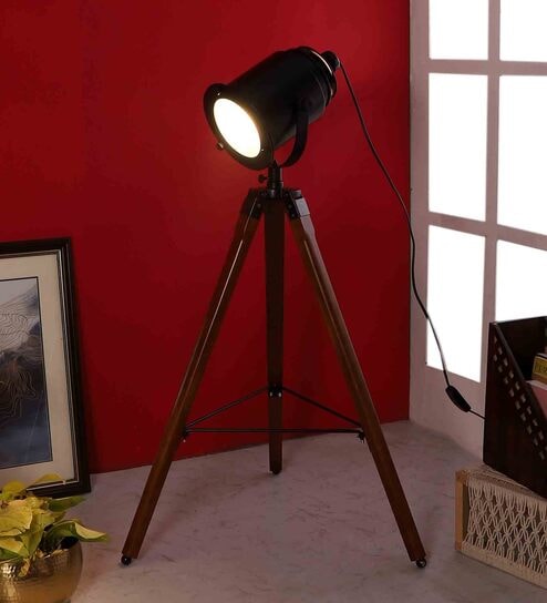 Beverly Black Metal Shade Tripod Floor Lamp With Sheesham Wood Base