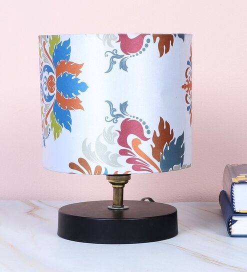 Black Metal Table Lamp With English Oak Print Satin Shade