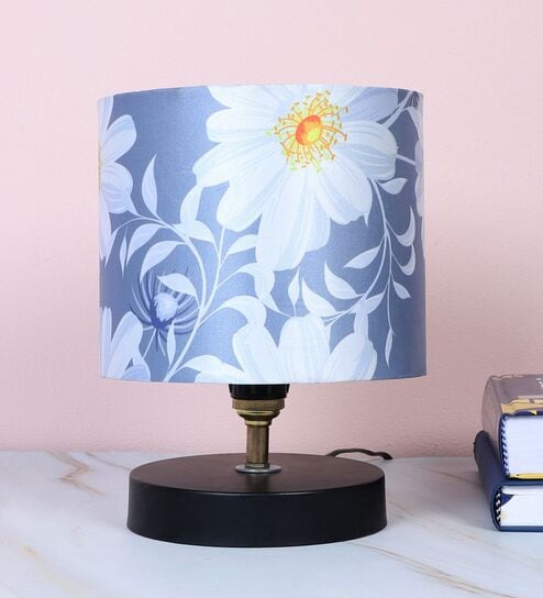 Black Metal Table Lamp With Narcissue Floral Print Satin Shade