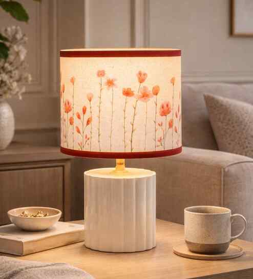 Black Metal Table Lamp with Leaf Printed Drum Shade