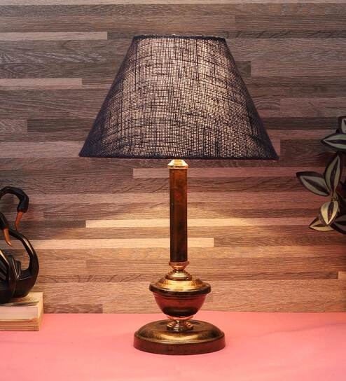 Black Natural Fiber Shade Table Lamp With Copper Base By Foziq