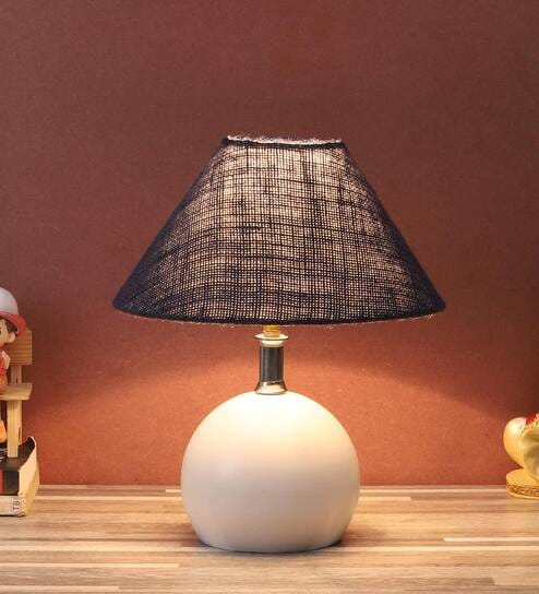 Black Natural Fiber Shade Table Lamp With White Base By Foziq
