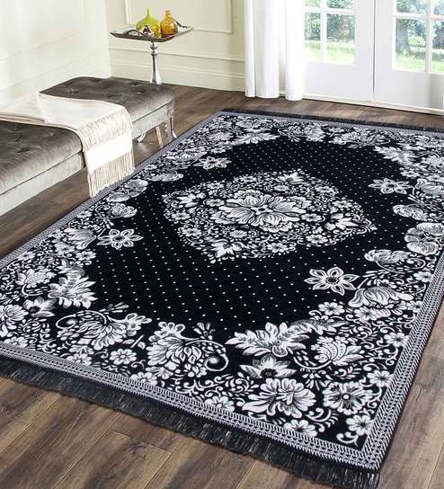 Black Chenille Vintage 4 x 6 Feet Machine Made Carpet