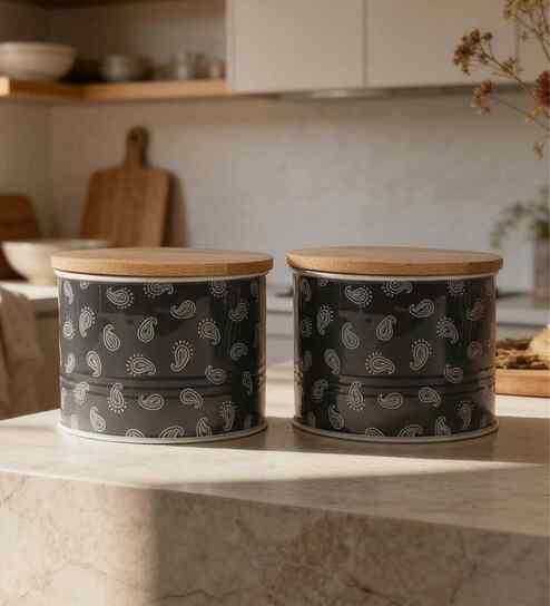vareesha Black Paisley Printed Metal Airtight Containers With Wooden Lids Set Of 2-picture-34