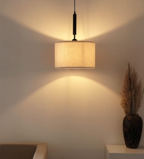 Black Polished Fabric Pendant Hanging Light with 14" Diameter Cotton Off White Shade