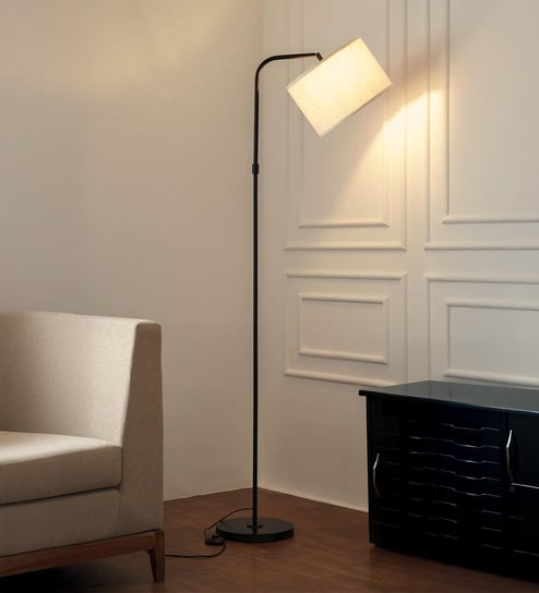 Black Polished Modern Arc Floor Lamp with Adjustable Shade 6Ft Height with 12 inches Off White Drum Lampshade