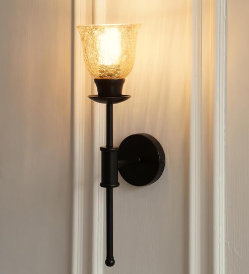 Black Polished Spacer Wall Lamp with Cup Crackled Glass Golden Luster