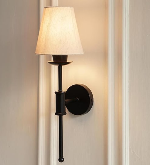 Black Polished Spacer Wall Lamp with Off White Shade