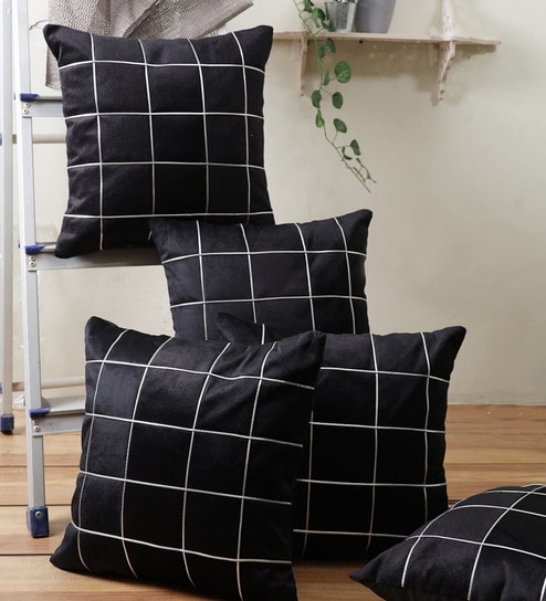 Black Polyester Checkered 40x40 inches Cushion Covers Set of 5