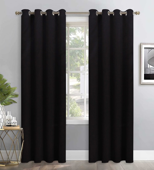 Black Polyester Solid 9ft Blackout Eyelet Door Curtain (2 Pc)