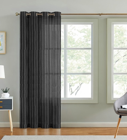 Black Polyester Striped 9ft Sheer Eyelet Door Curtain