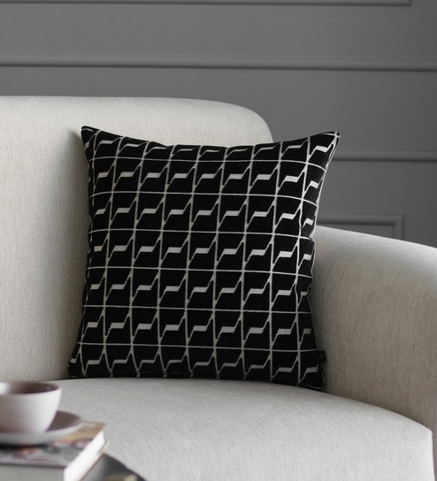Black Geometric Poly Viscose 16 x 16 Inches Cushion Cover by GM Fabrics