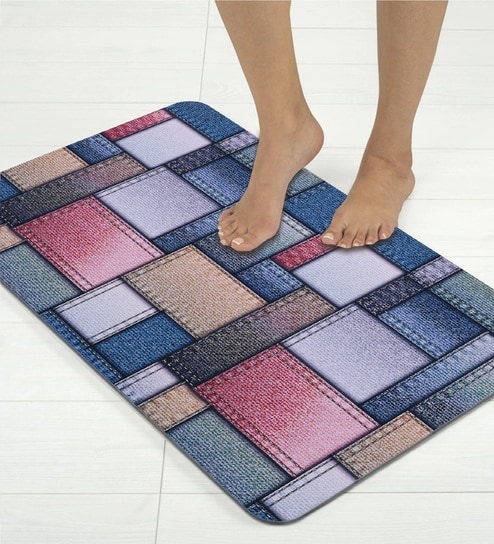 Denim Patchwork Printed Rubber 22x14 Inches Anti Skid Bath Mat