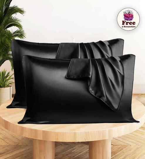 Black Satin Silk 72x46 cm Pillow Covers (Set of 4) With 2Pcs Scrunchie Free