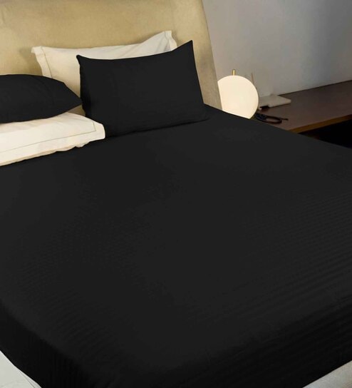Black Satin Striped 210 TC Pure Cotton King Sized Bedsheet with 2 Pillow Covers