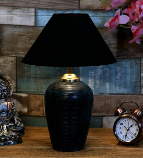 Flemish Black Fabric Shade Night Lamp With Teracotta Base