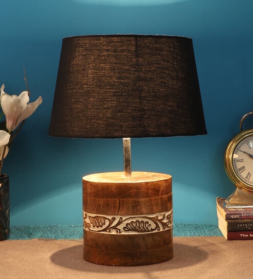 Black Shade Table Lamp With Brown & Off White Woodden Base