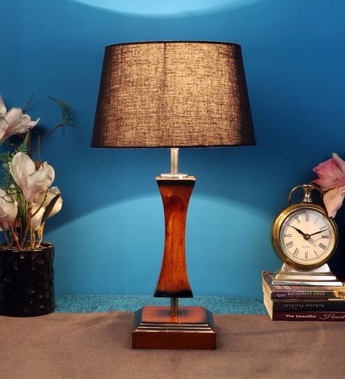 Black Shade Table Lamp With Light Brown Woodden Base by Foziq