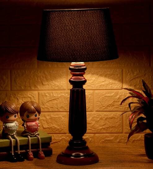 Andre Black Fabric Shade Night Lamp With Wood Base