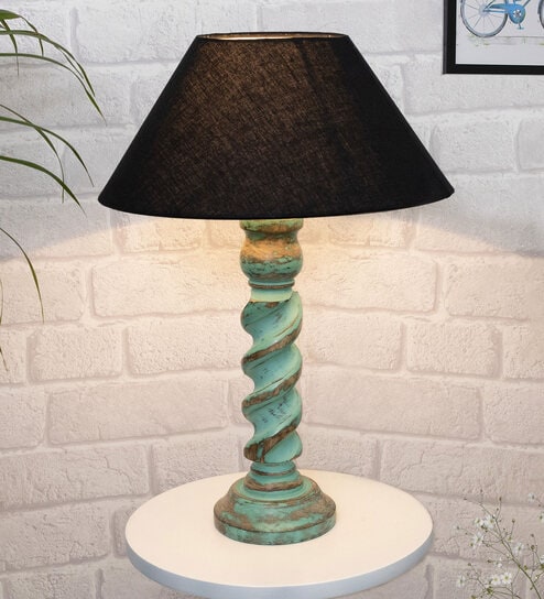 Black Shade Table Lamp With Wooden Base