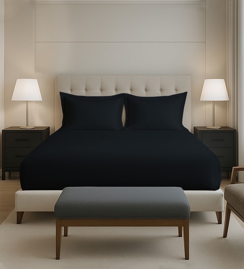 Black Solid 400 TC Cotton Queen Sized Fitted sheet with 2 Pillow Covers