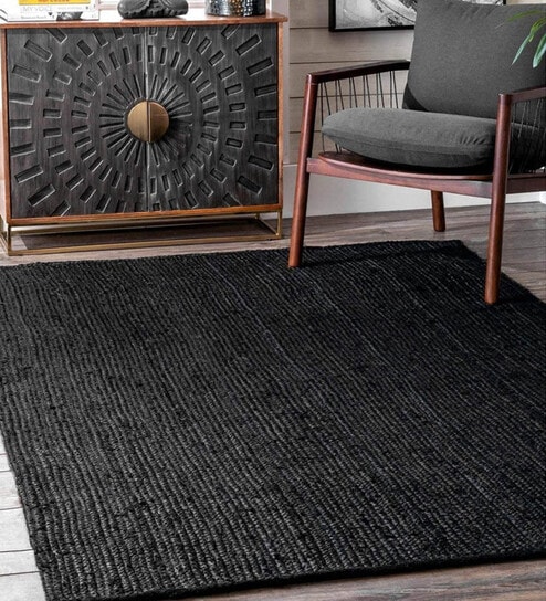 Black Solid Jute 3 ft x 5 ft Hand Woven Carpet by HabereIndia