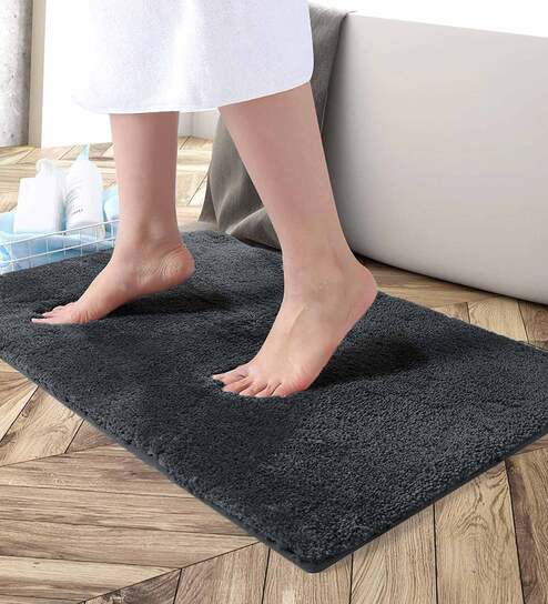 Black Solid Microfibre 30x18 Inches AntiSkid Bath Mat by Luxe Home International