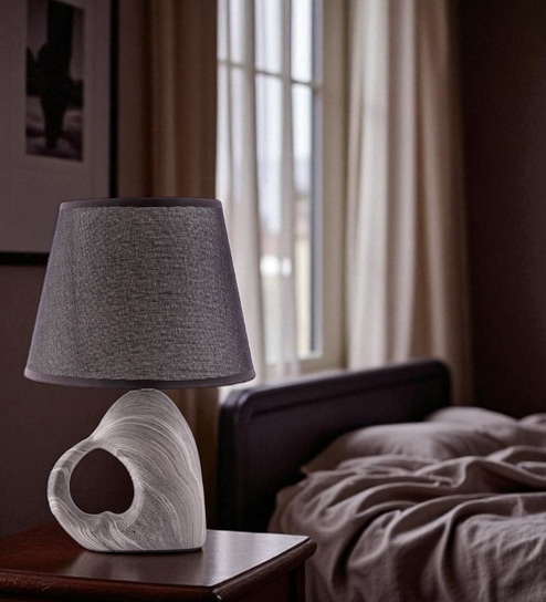 Black Table Lamp Modern Design Fabric Lampshade Open Heart Shaped Ceramic Base