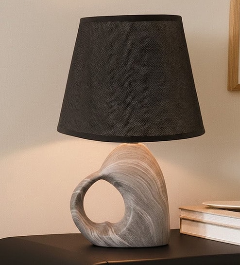 Black Table Lamp Modern Design Fabric Lampshade Open Heart Shaped Ceramic Base