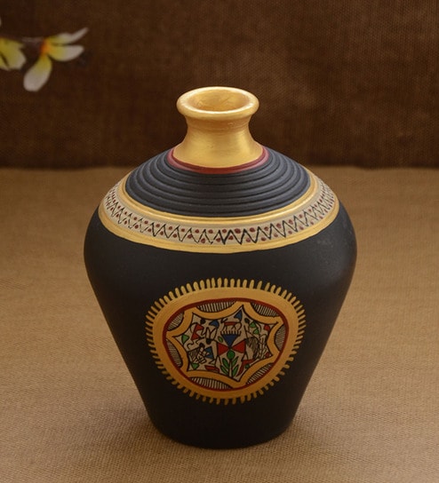 Buy Black Warli Hand Painted Terracotta Vase By Unravel India