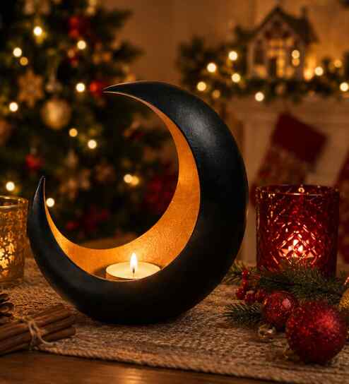 Black Texture Metal Moon Shape Tea light holder for Festive Decor