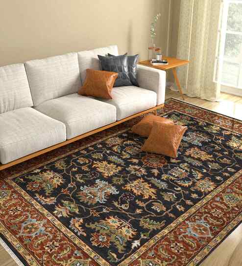 Black Traditional Wool 4x6 Feet Handmade Rectangle Carpet