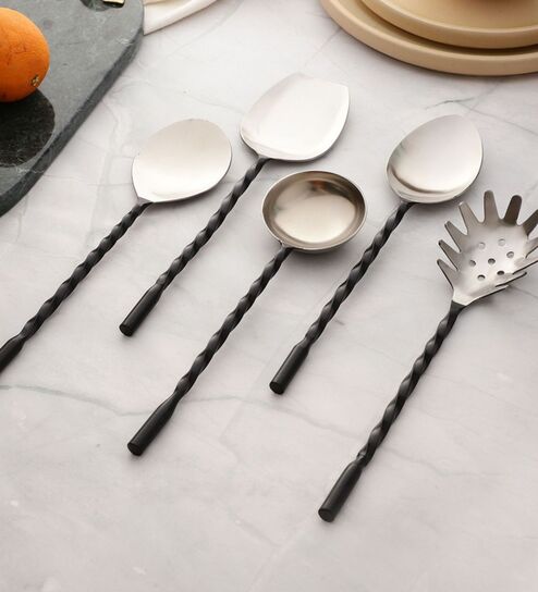 Black Twist Matt Finish Stainless Steel Serving Spoons Set of Five