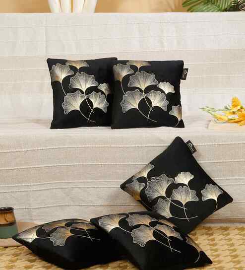 Black Velvet Floral 12X12 Inches Cushion Covers (Pack of 5)