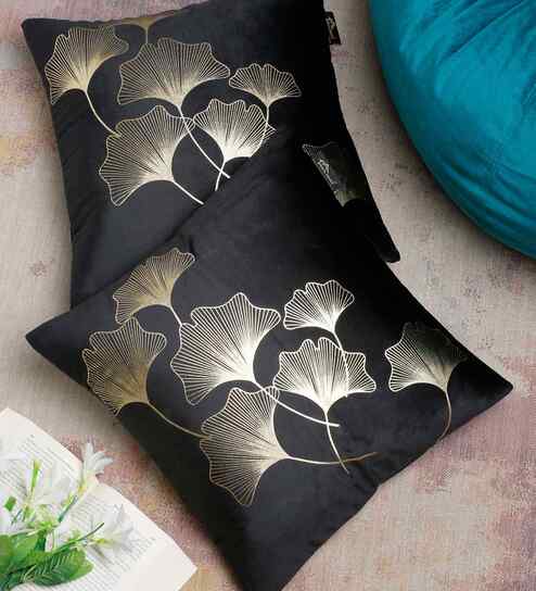 Black Velvet Floral 16X16 Inches Cushion Covers (Pack of 2)